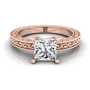 14K Rose Gold Princess Cut Hand Engraved Scroll Vintage Solitaire Engagement Ring