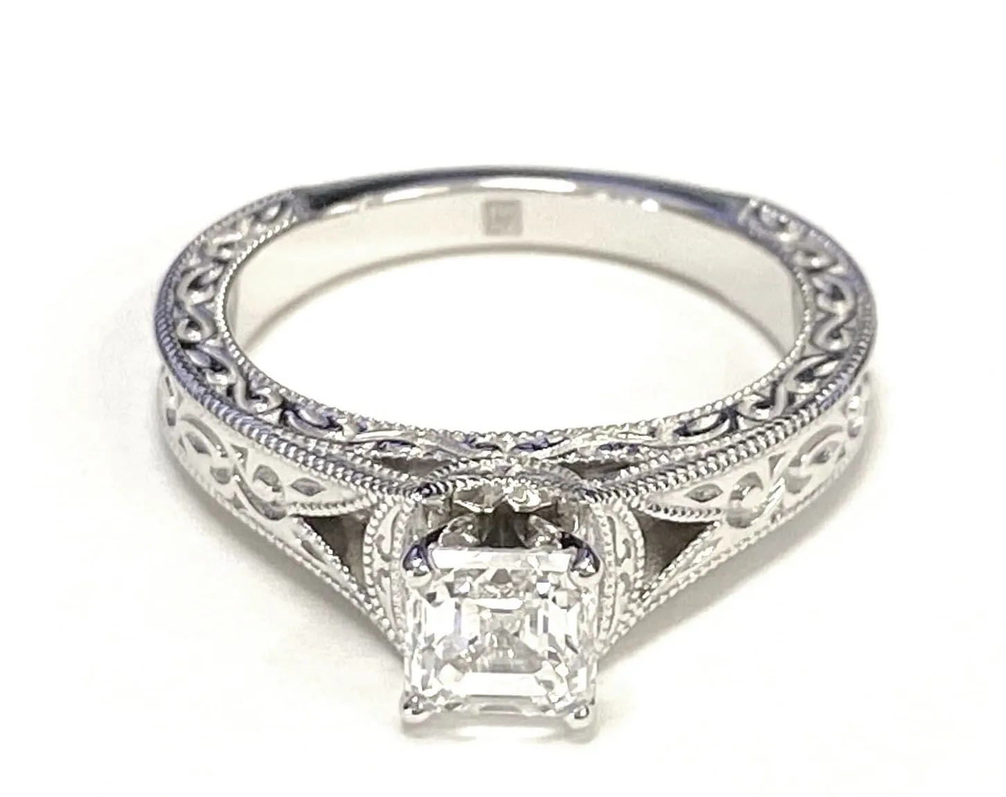 14K White Gold Asscher Cut  Hand Engraved and Milgrain Vintage Solitaire Engagement Ring