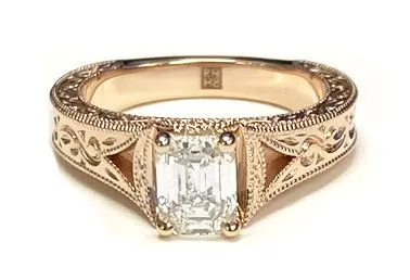 14K White Gold Asscher Cut  Hand Engraved and Milgrain Vintage Solitaire Engagement Ring