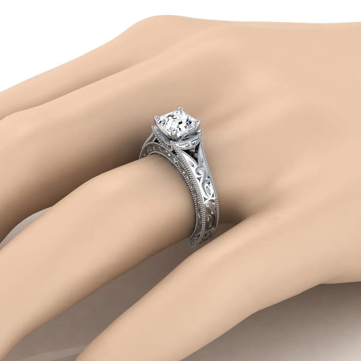 14K White Gold Asscher Cut  Hand Engraved and Milgrain Vintage Solitaire Engagement Ring