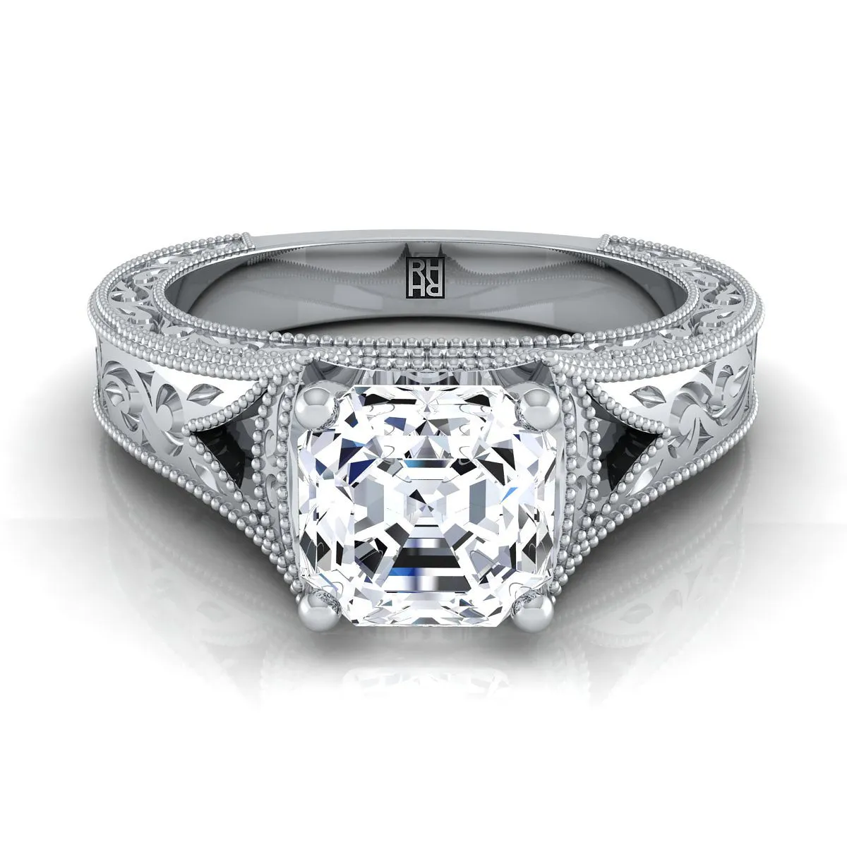 14K White Gold Asscher Cut  Hand Engraved and Milgrain Vintage Solitaire Engagement Ring