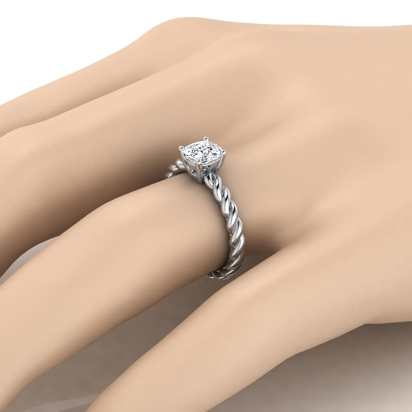 14K White Gold Cushion  Twisted Rope Braid Solitaire Band