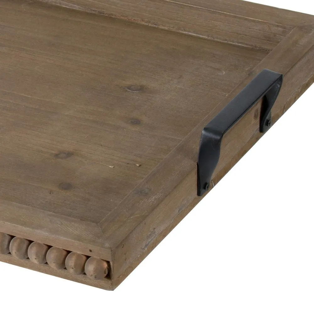 24 Inch Rustic Wood Serving Tray with Iron Handles, Classic Trim, Brown By Casagear Home