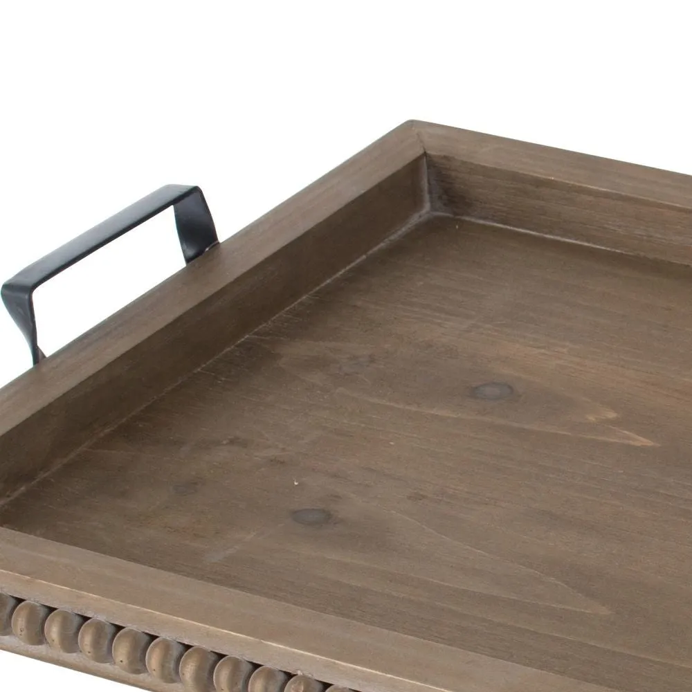 24 Inch Rustic Wood Serving Tray with Iron Handles, Classic Trim, Brown By Casagear Home