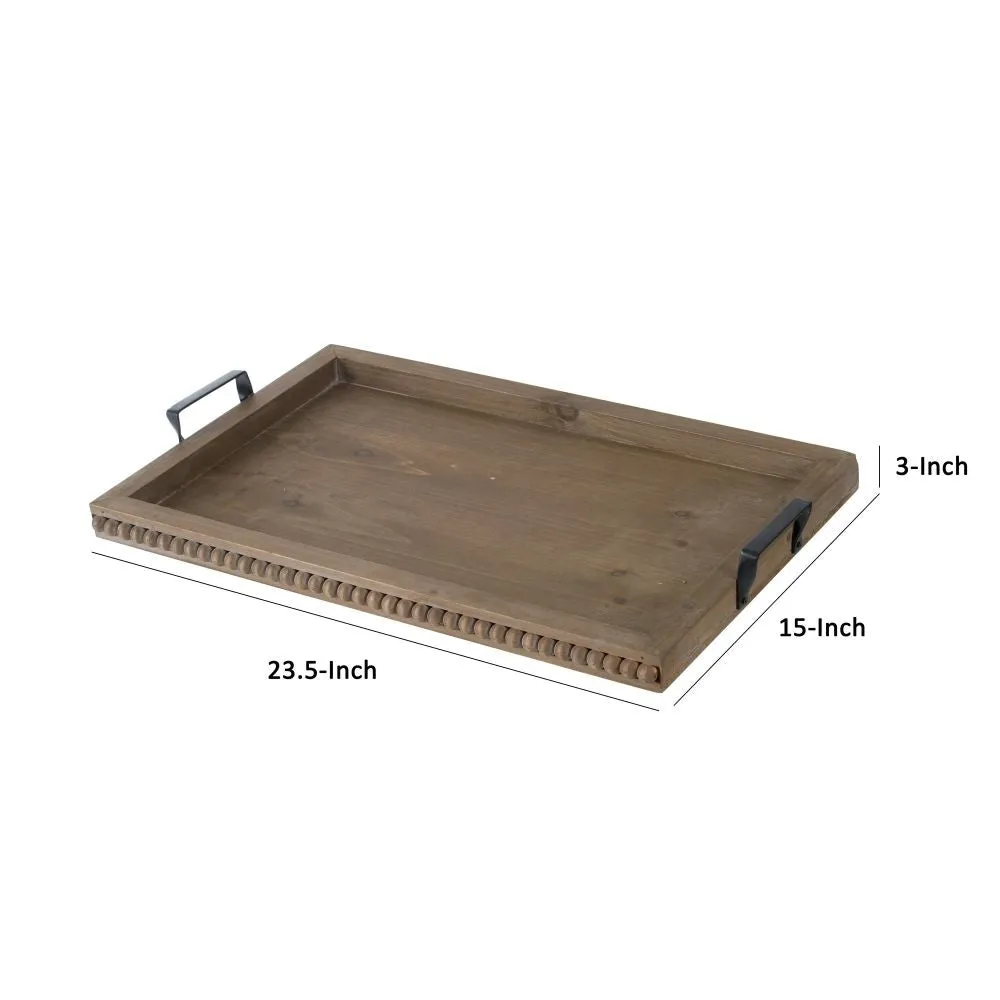 24 Inch Rustic Wood Serving Tray with Iron Handles, Classic Trim, Brown By Casagear Home