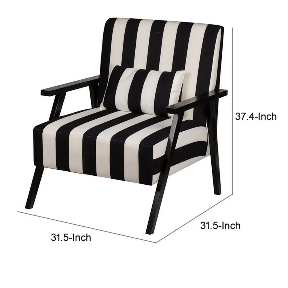 32 Inch Accent Armchair with Throw Pillow, Black White Polyester Stripes By Casagear Home