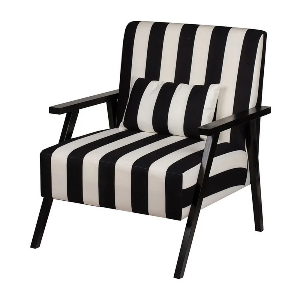 32 Inch Accent Armchair with Throw Pillow, Black White Polyester Stripes By Casagear Home