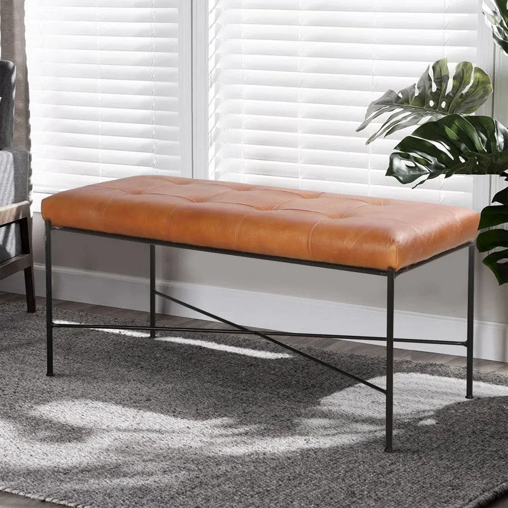 39 Inch Rectangular Accent Bench, Genuine Leather Seating, Tufted, Tan Brown, Black By The Urban Port