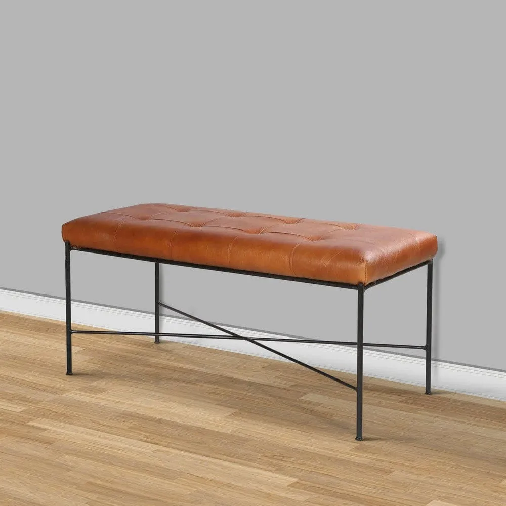39 Inch Rectangular Accent Bench, Genuine Leather Seating, Tufted, Tan Brown, Black By The Urban Port