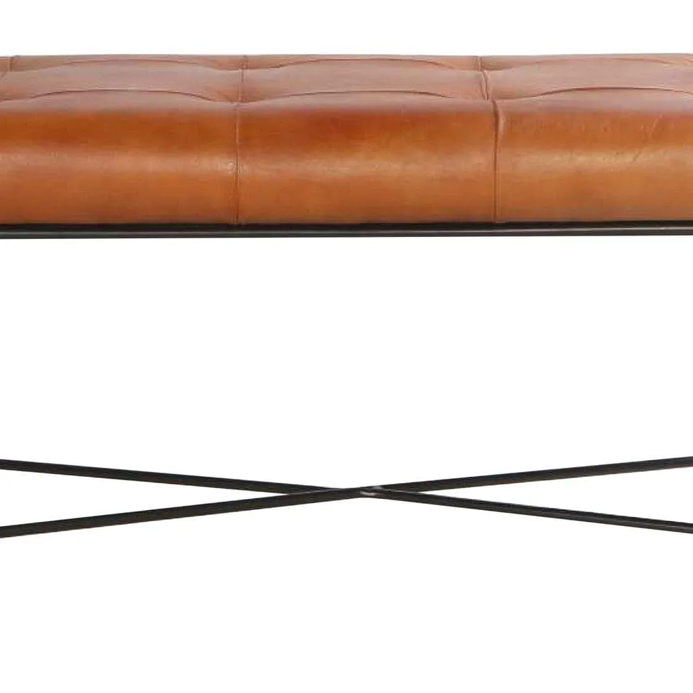 39 Inch Rectangular Accent Bench, Genuine Leather Seating, Tufted, Tan Brown, Black By The Urban Port