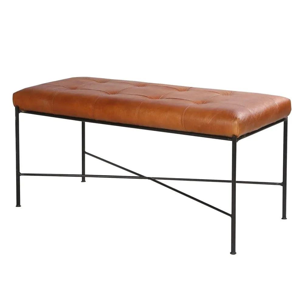 39 Inch Rectangular Accent Bench, Genuine Leather Seating, Tufted, Tan Brown, Black By The Urban Port