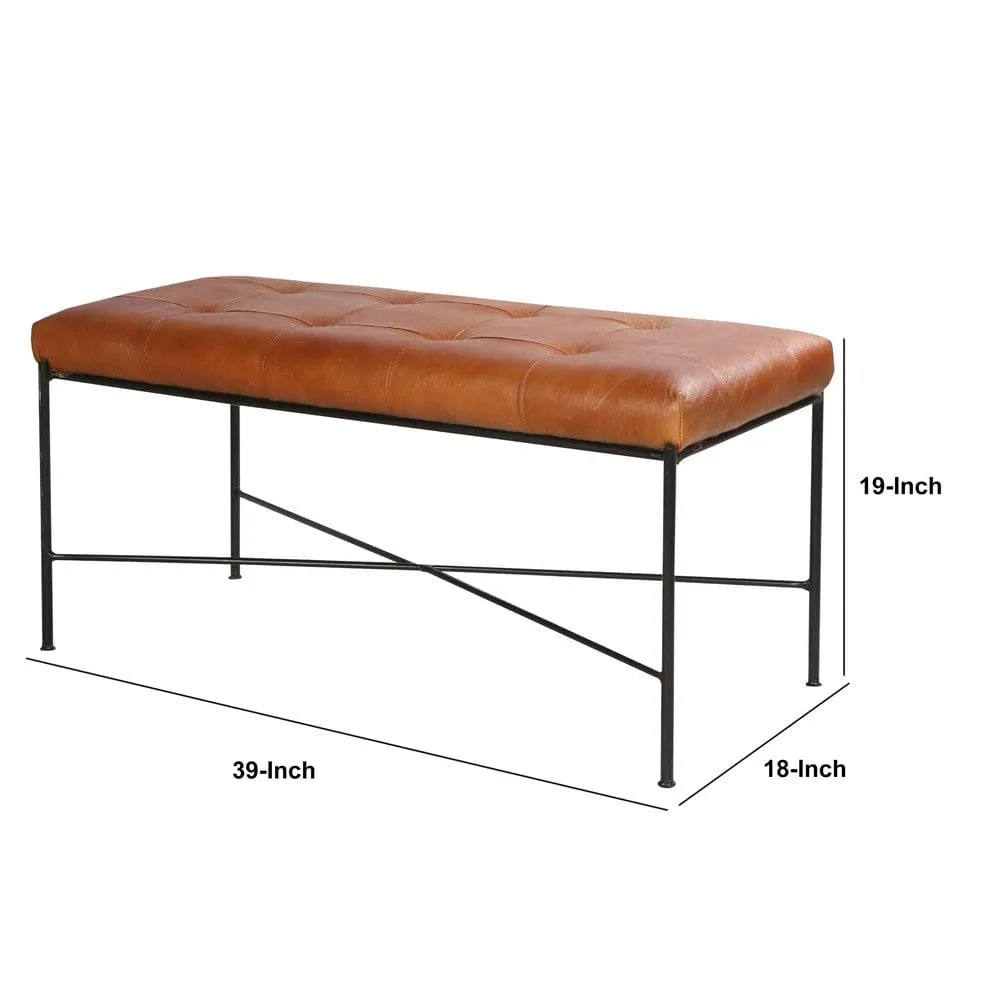 39 Inch Rectangular Accent Bench, Genuine Leather Seating, Tufted, Tan Brown, Black By The Urban Port