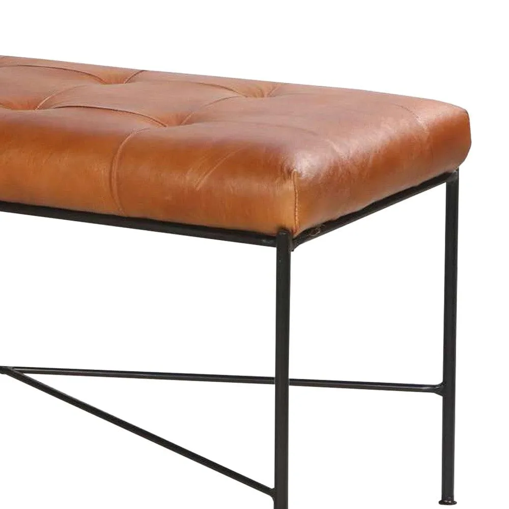 39 Inch Rectangular Accent Bench, Genuine Leather Seating, Tufted, Tan Brown, Black By The Urban Port