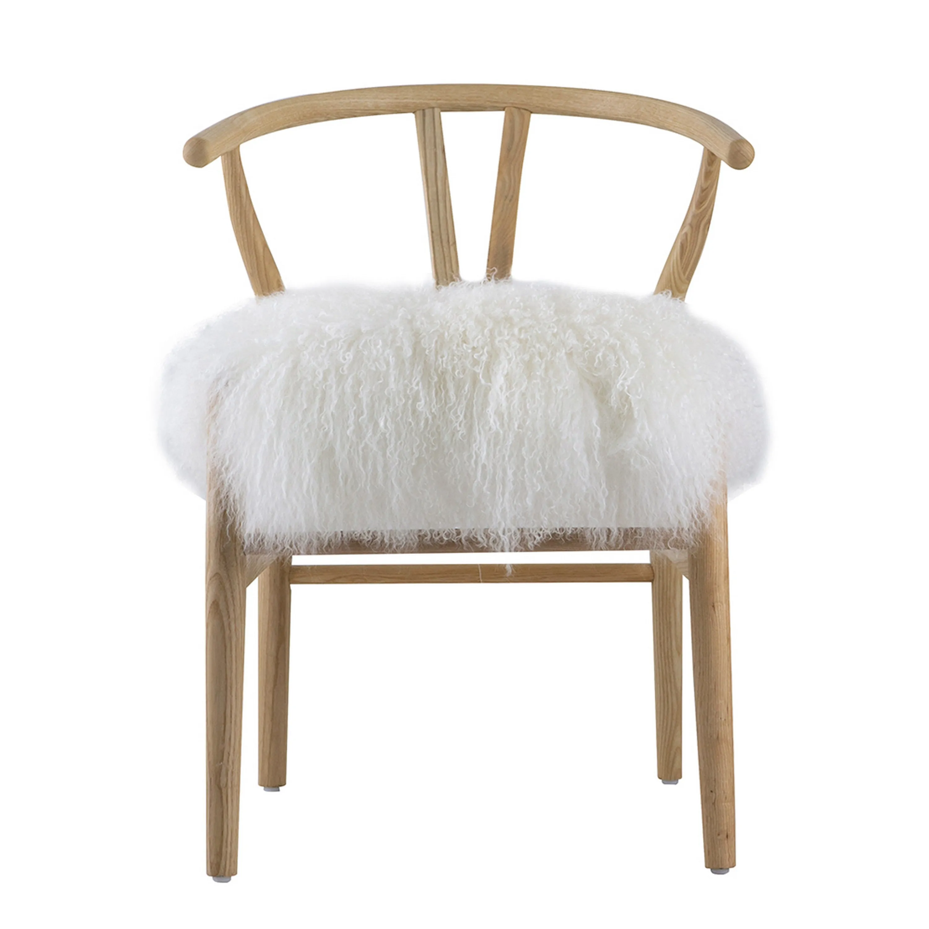 44 Inch Accent Chair Set of 2, White Faux Fur, Wishbone, Beige Ash Wood By Casagear Home