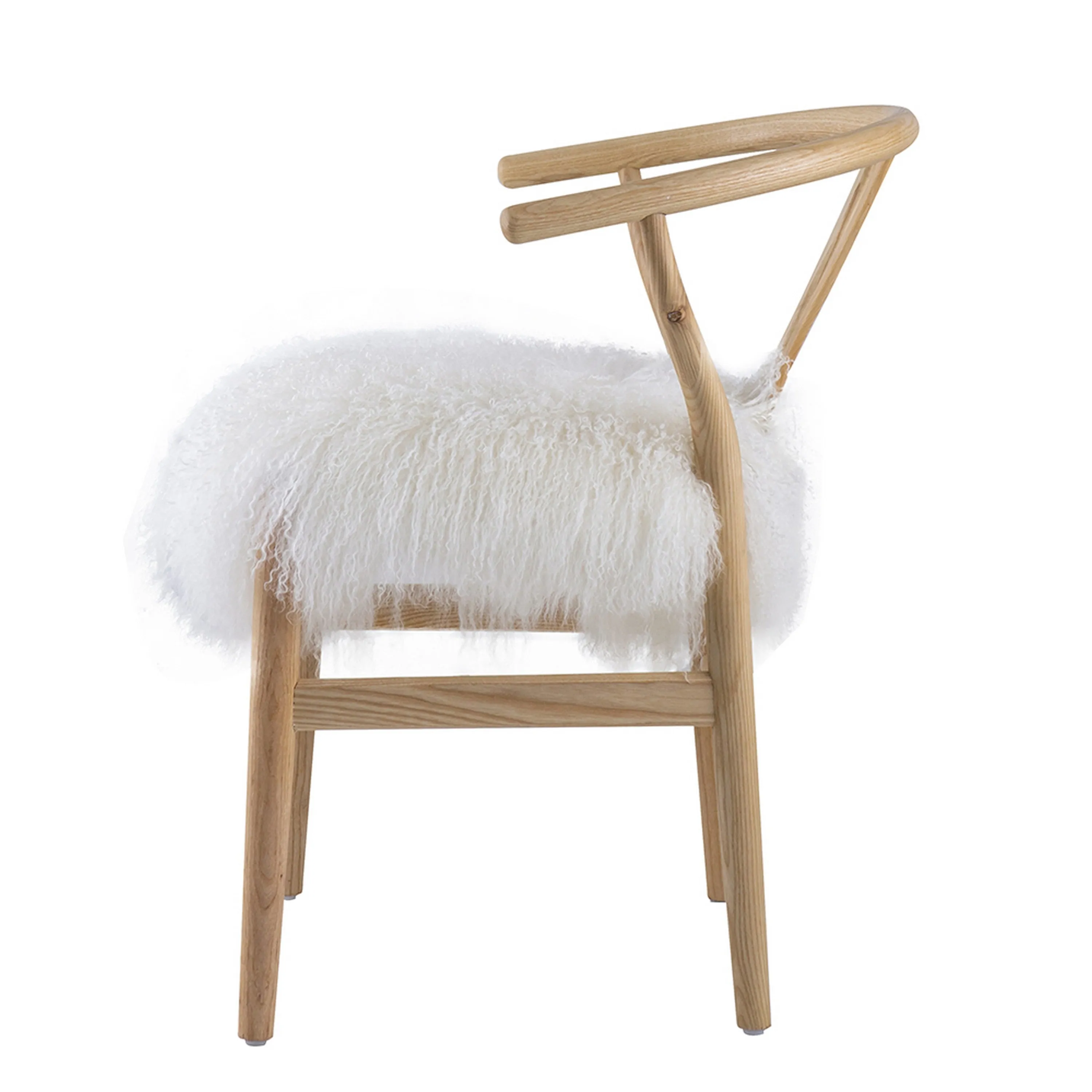 44 Inch Accent Chair Set of 2, White Faux Fur, Wishbone, Beige Ash Wood By Casagear Home