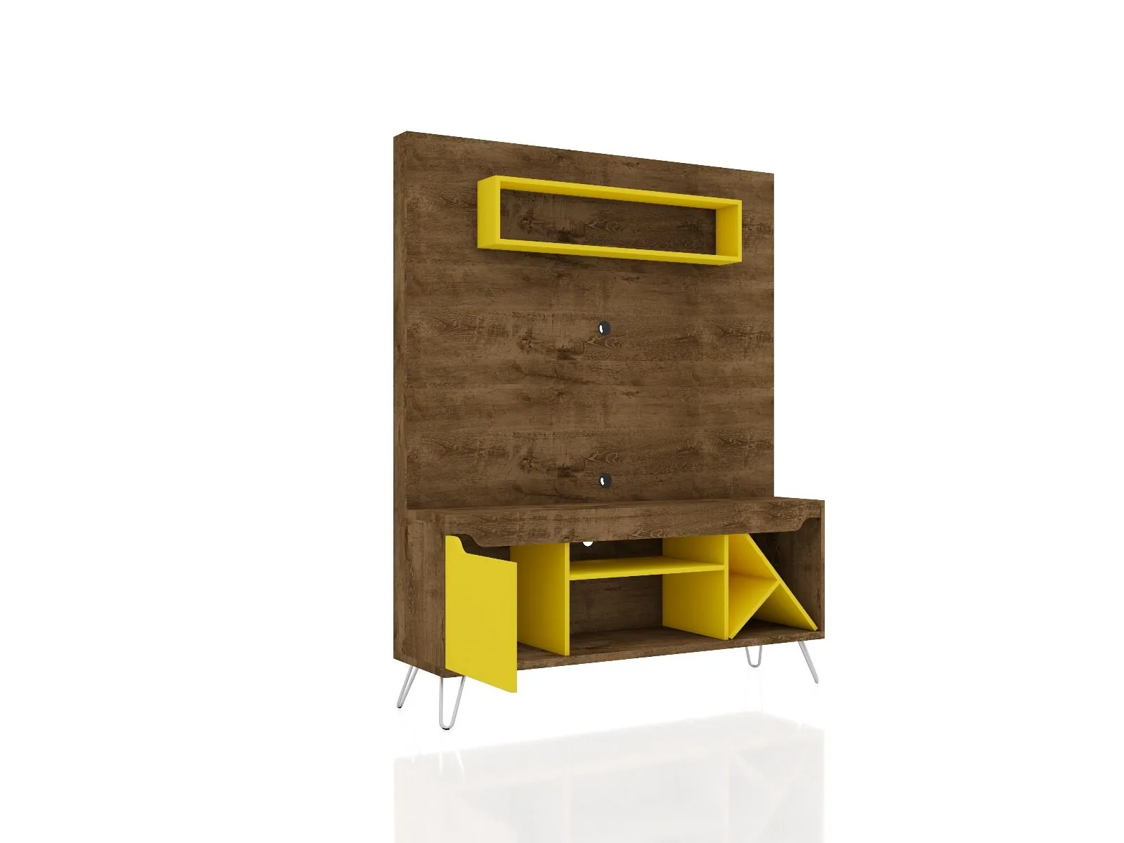 Baxter 53.54 Mid-Century Modern Freestanding Entertainment Center with Media Shelves and Wine Rack in Rustic Brown and Yellow