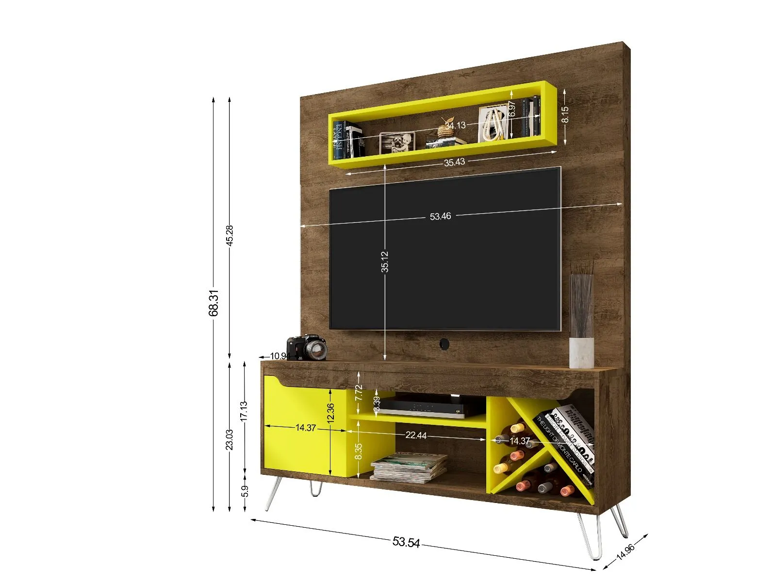 Baxter 53.54 Mid-Century Modern Freestanding Entertainment Center with Media Shelves and Wine Rack in Rustic Brown and Yellow