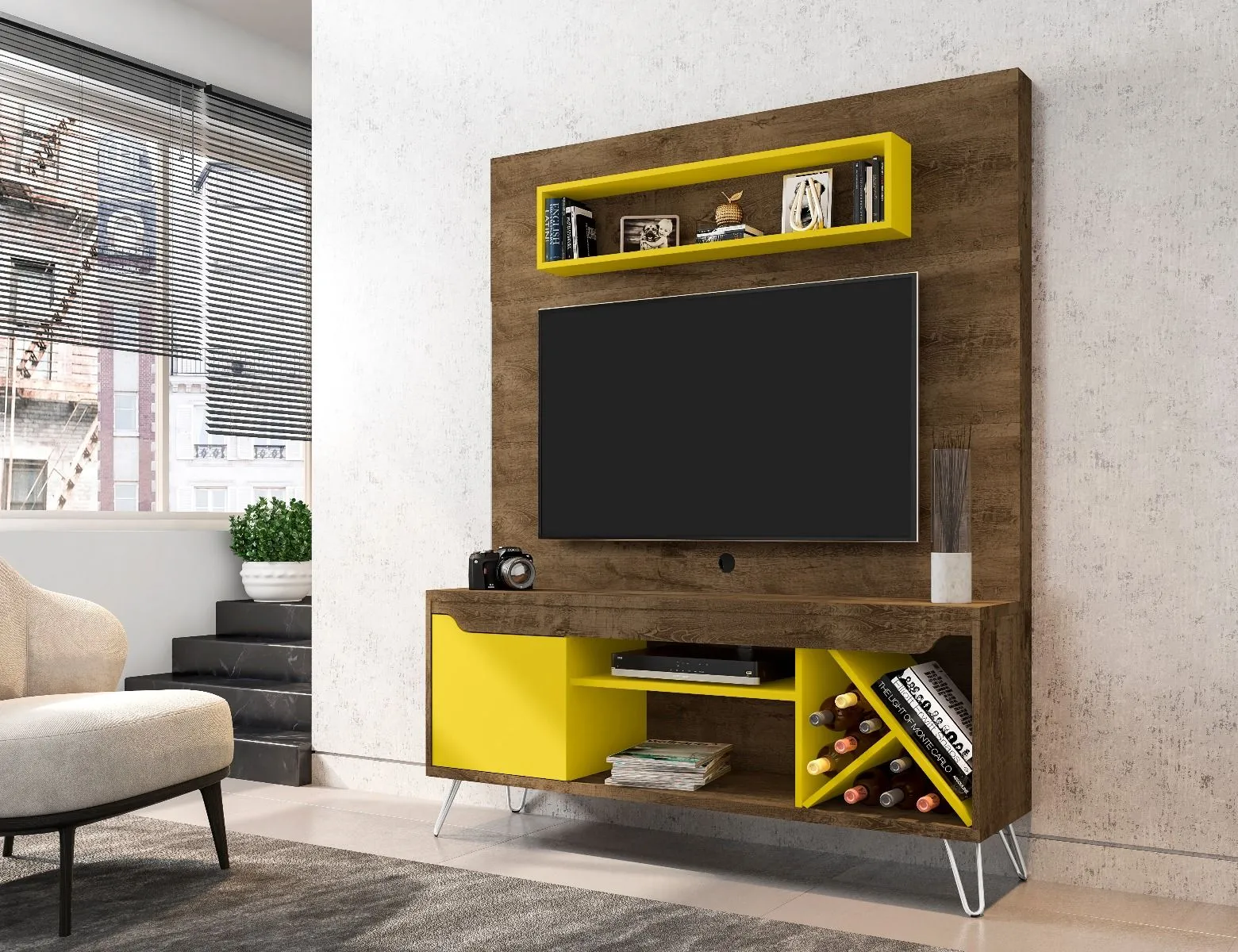 Baxter 53.54 Mid-Century Modern Freestanding Entertainment Center with Media Shelves and Wine Rack in Rustic Brown and Yellow