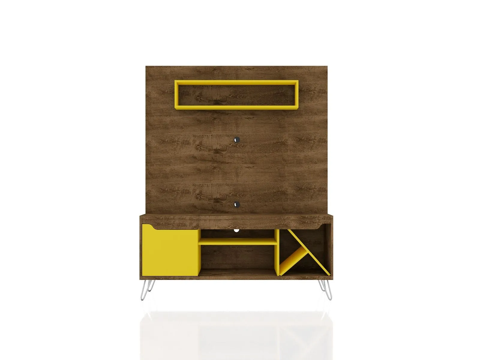 Baxter 53.54 Mid-Century Modern Freestanding Entertainment Center with Media Shelves and Wine Rack in Rustic Brown and Yellow