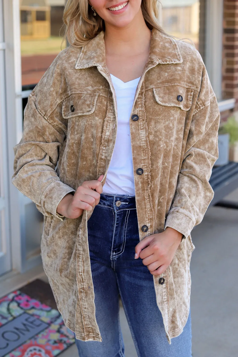 Casual Corduroy Jacket with Tassel Accents