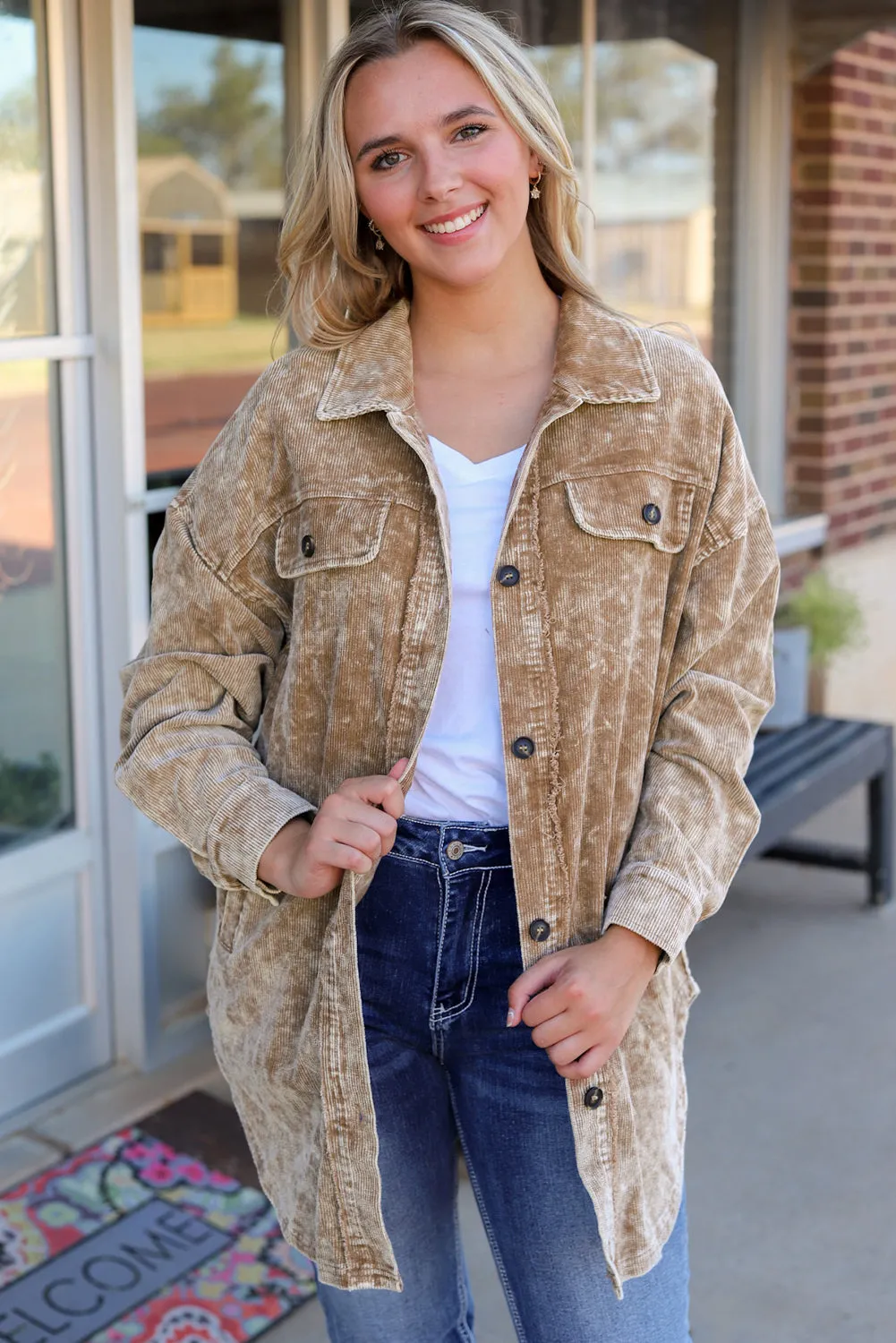 Casual Corduroy Jacket with Tassel Accents