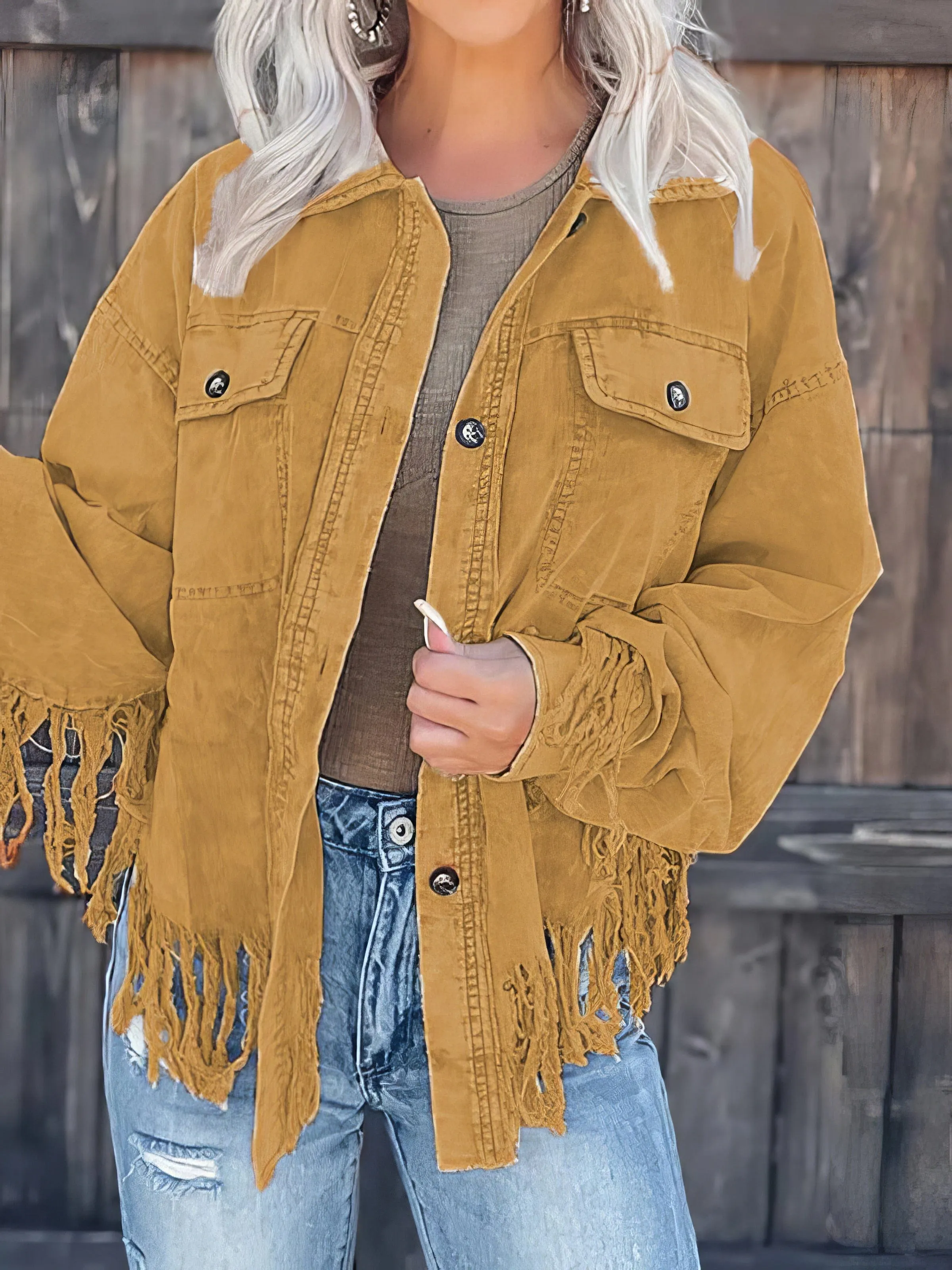 Casual Corduroy Jacket with Tassel Accents