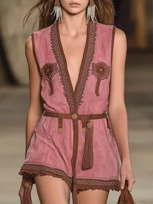 Casual Loose Retro Suede Bohemian Embroidered Web Shorts Jumpsuit