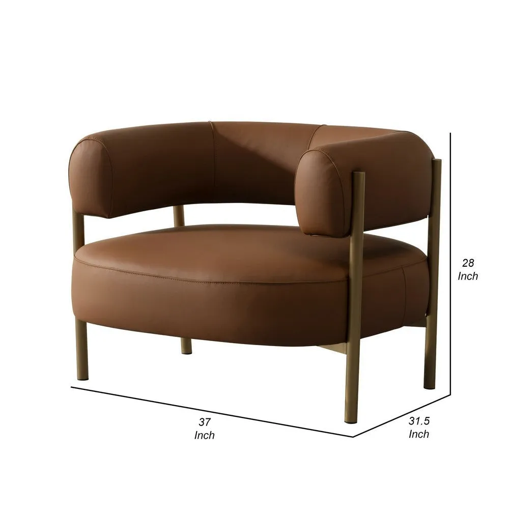 Cid Ziva Curved Accent Chair, Brown Top Grain Genuine Leather, Metal, Wood By Casagear Home