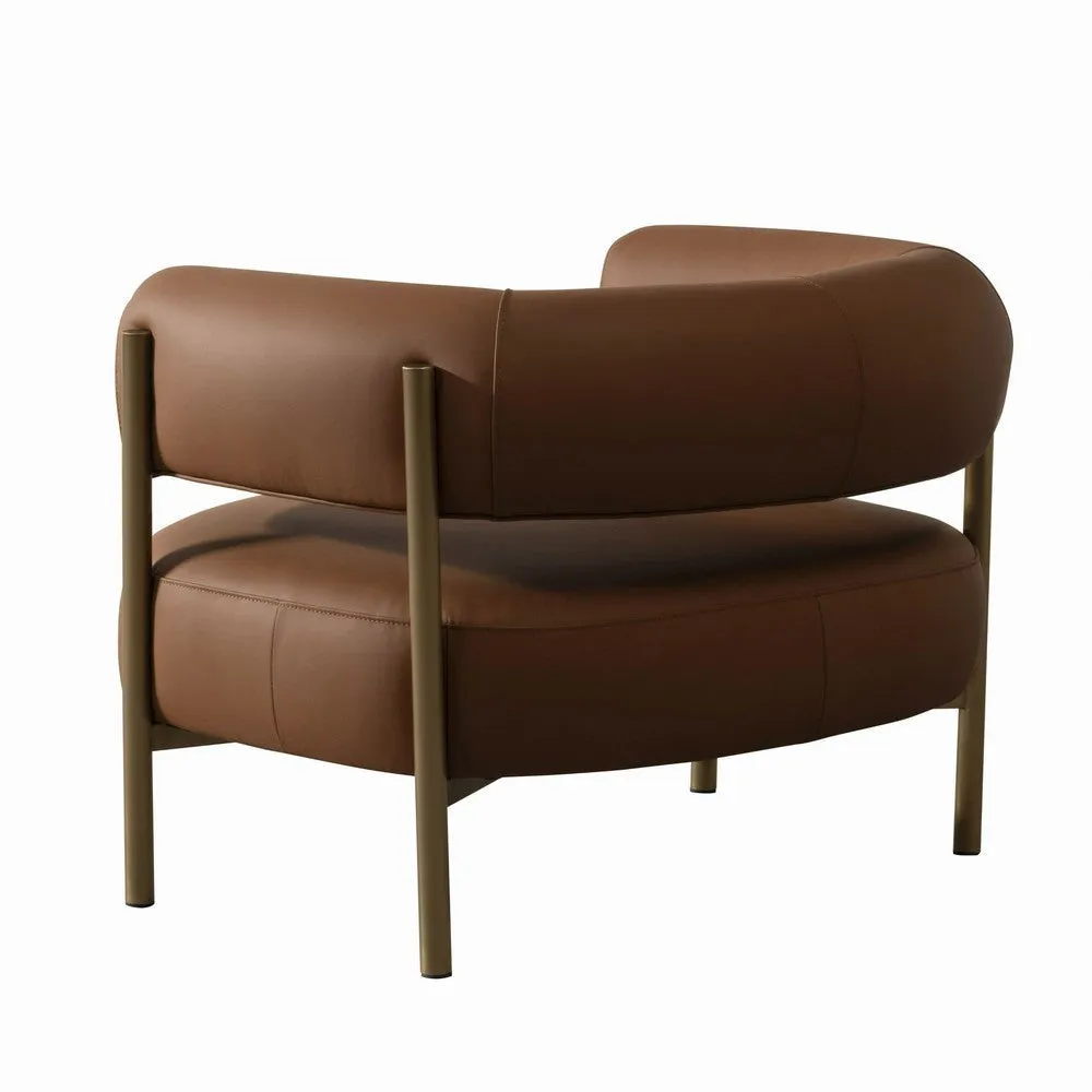Cid Ziva Curved Accent Chair, Brown Top Grain Genuine Leather, Metal, Wood By Casagear Home