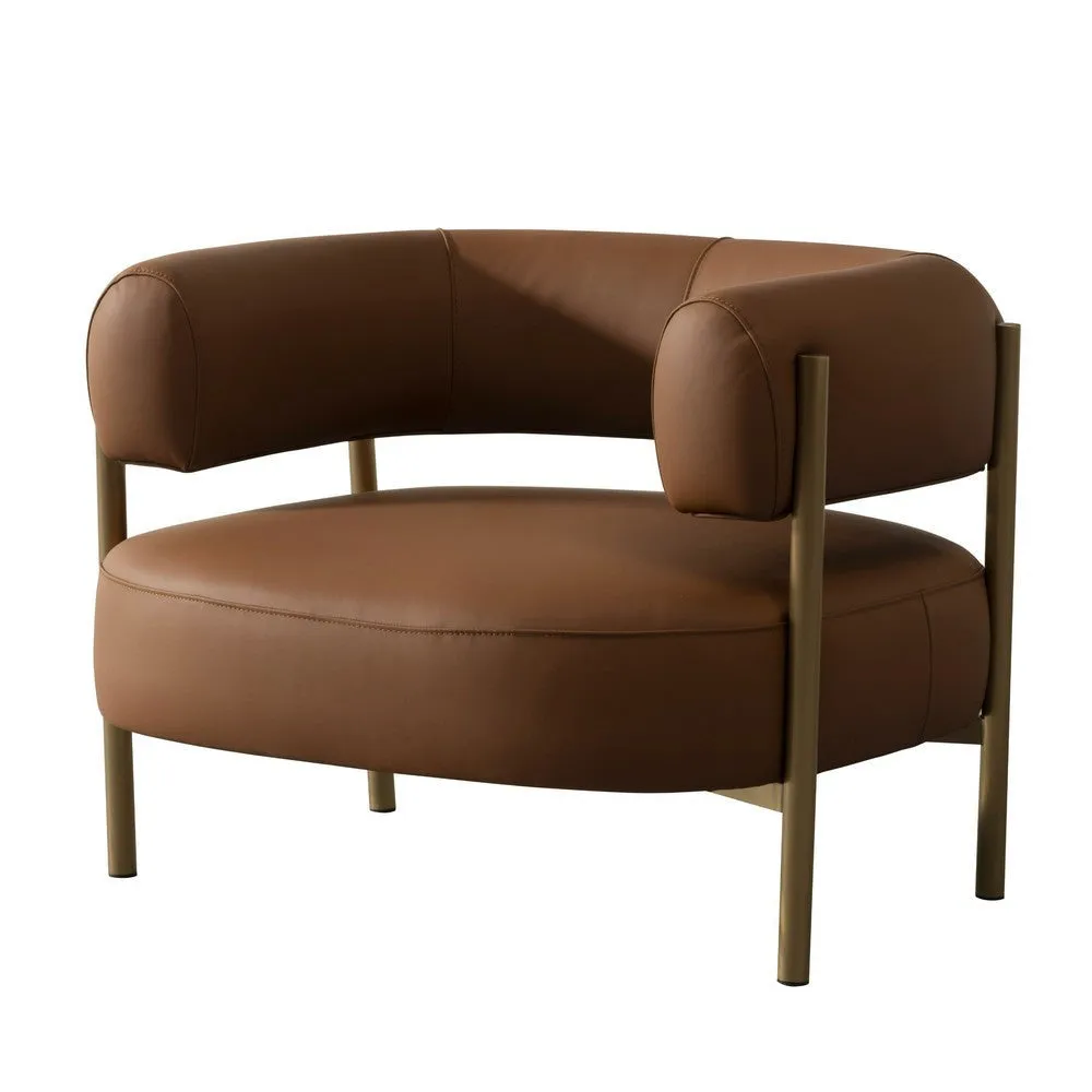Cid Ziva Curved Accent Chair, Brown Top Grain Genuine Leather, Metal, Wood By Casagear Home