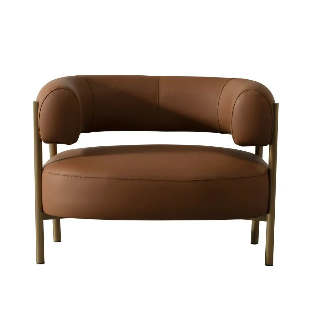 Cid Ziva Curved Accent Chair, Brown Top Grain Genuine Leather, Metal, Wood By Casagear Home