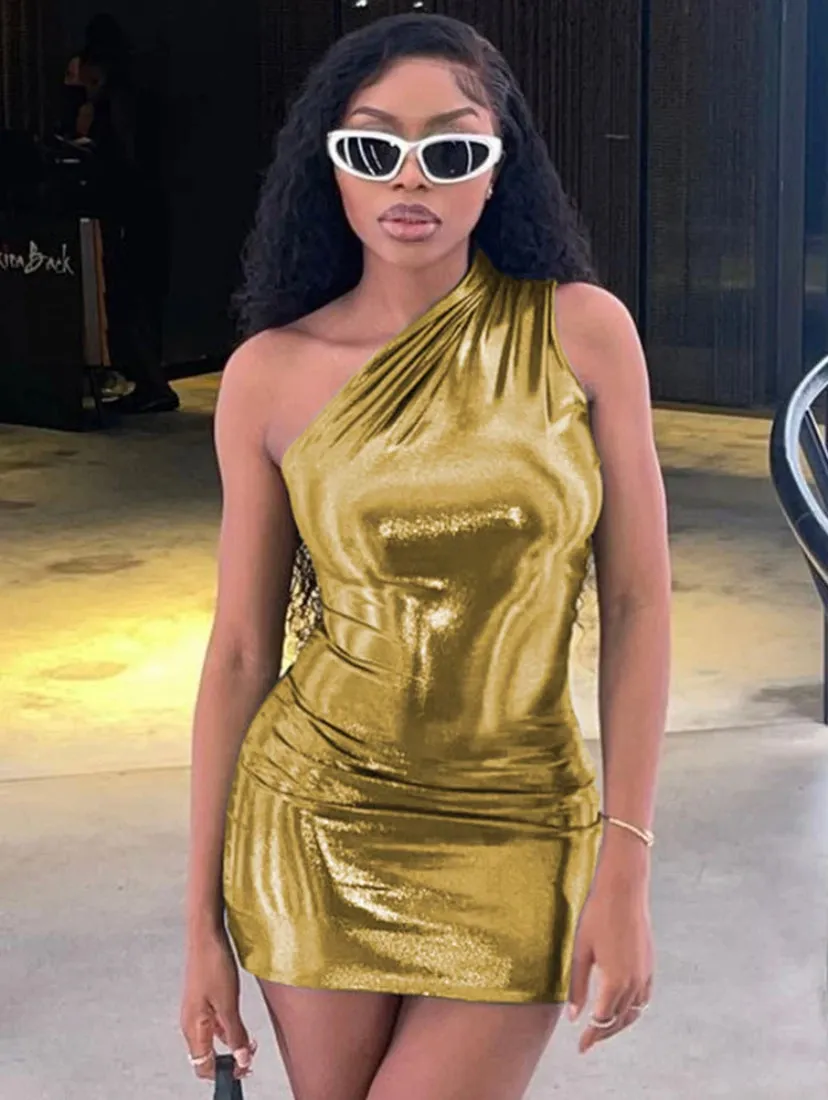 Coloured Metallic One Shoulder Mini Dress