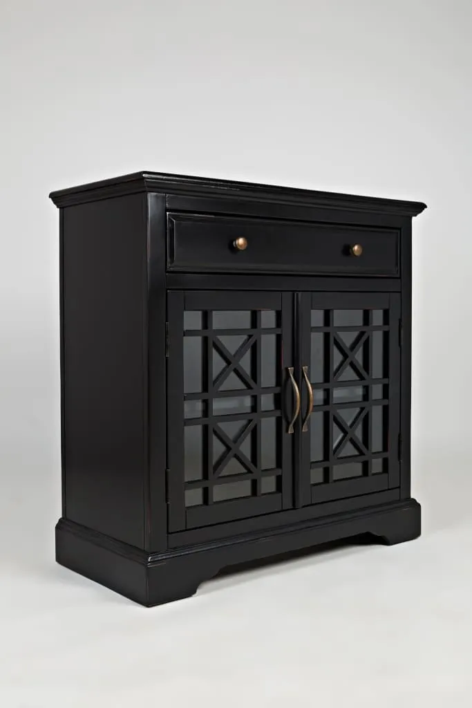 Craftsman Series 32" Wooden Accent Cabinet with Fretwork Glass Front, Black