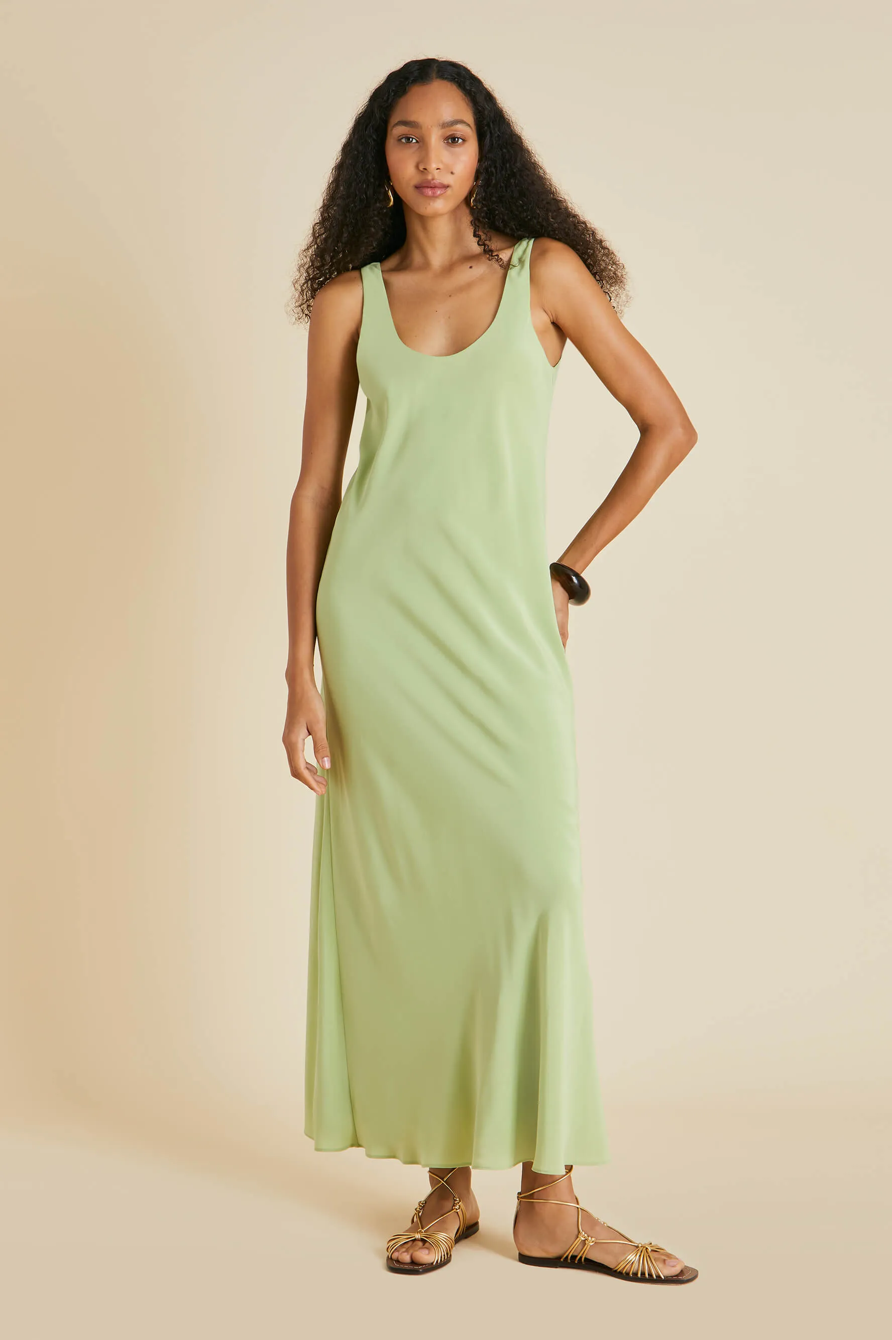 Dali Green Slip Dress in Silk Crêpe de Chine