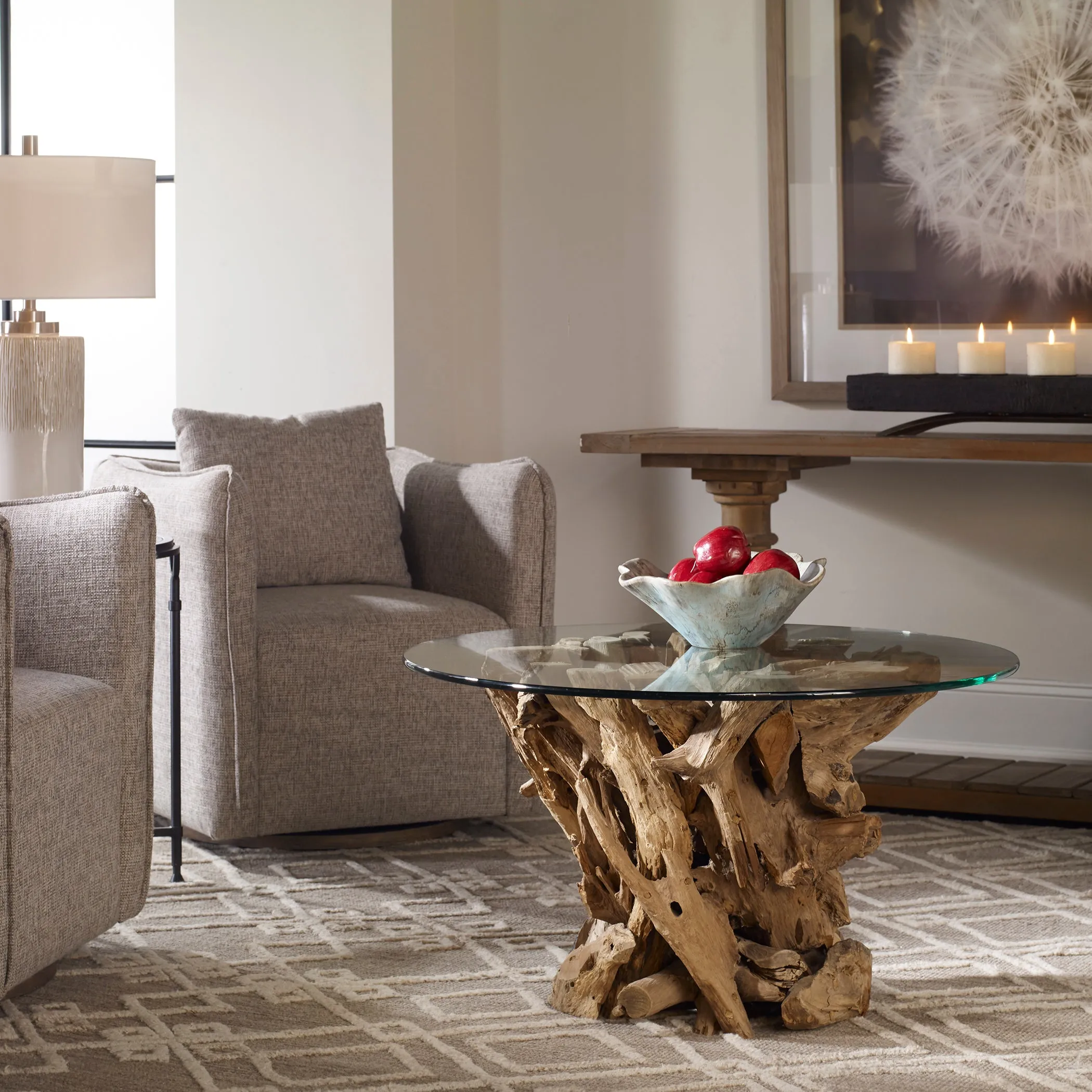 Driftwood Glass Top Cocktail Table