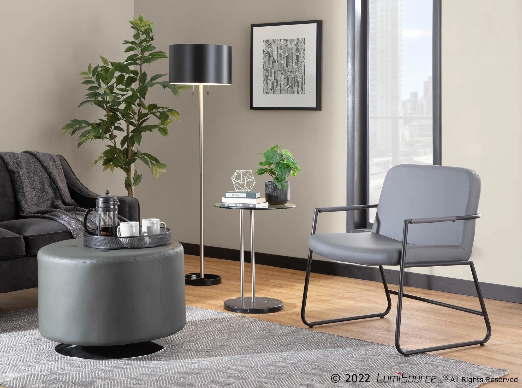 Duke Contemporary Accent Chair in Black Steel and Grey Faux Leather by LumiSource