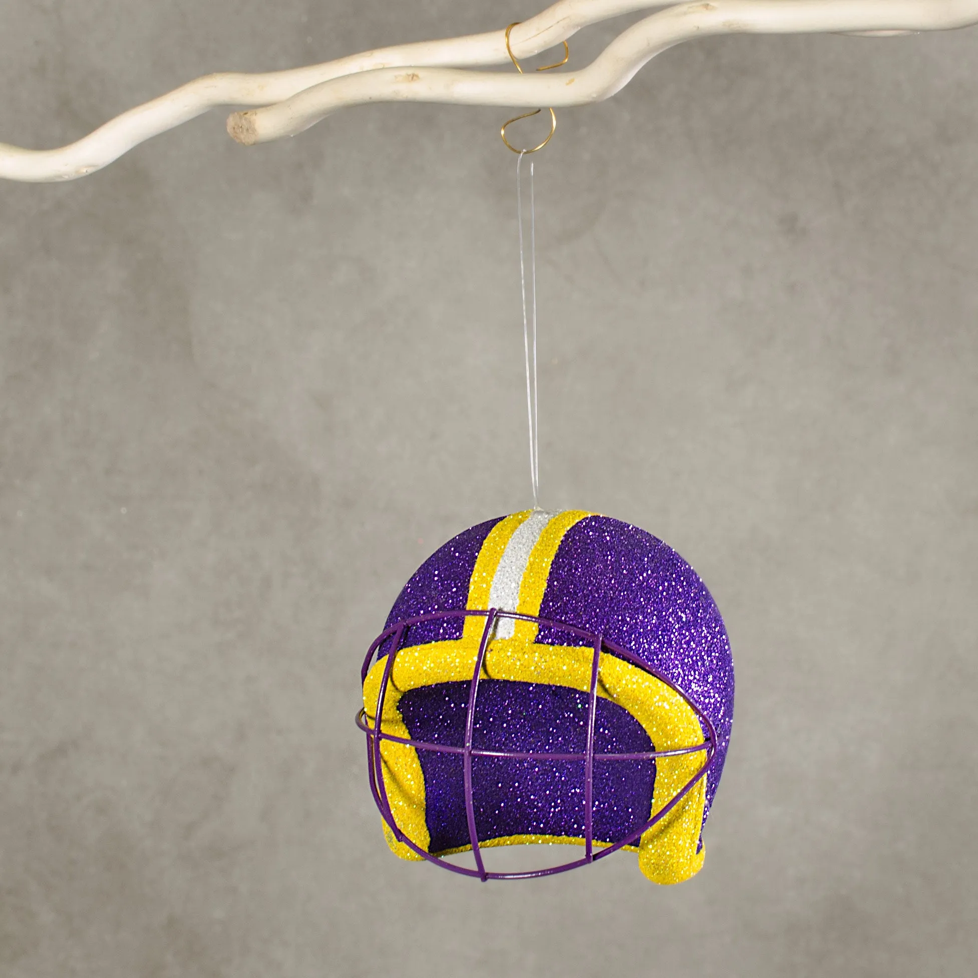 Football Helmet Ornament: Metallic Purple, Gold & White (4")