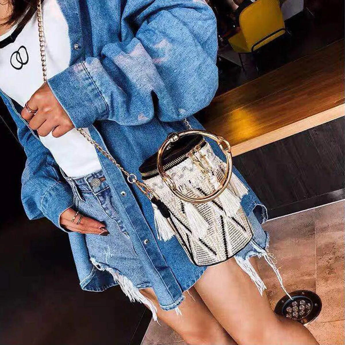 Gold Ring Tassels Woven Boho Fashion Designer Style Bag