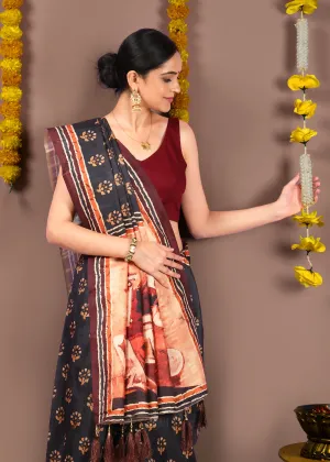 Handcrafted Black Saree with Traditional Motifs and Horse Printed Pallu