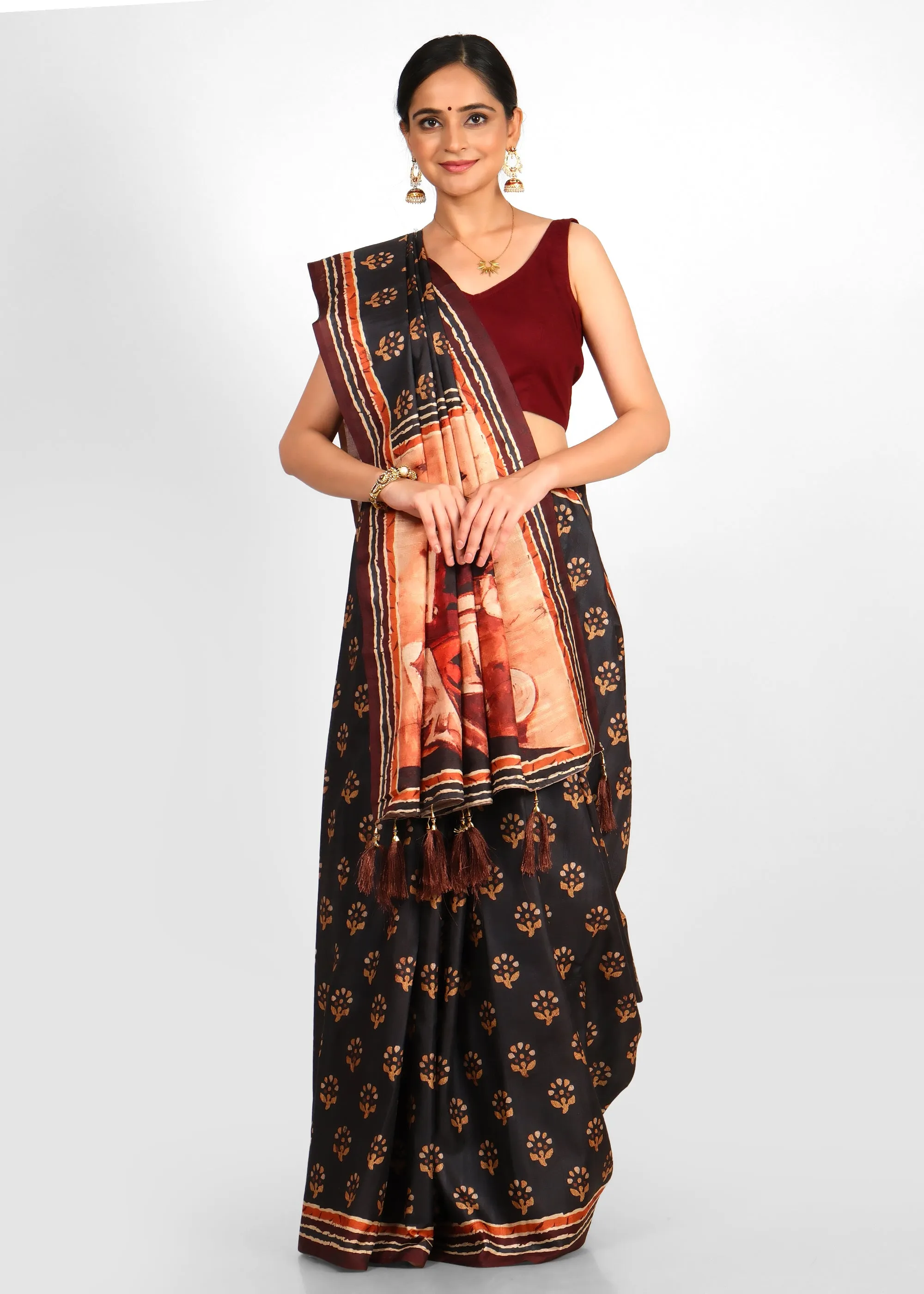 Handcrafted Black Saree with Traditional Motifs and Horse Printed Pallu