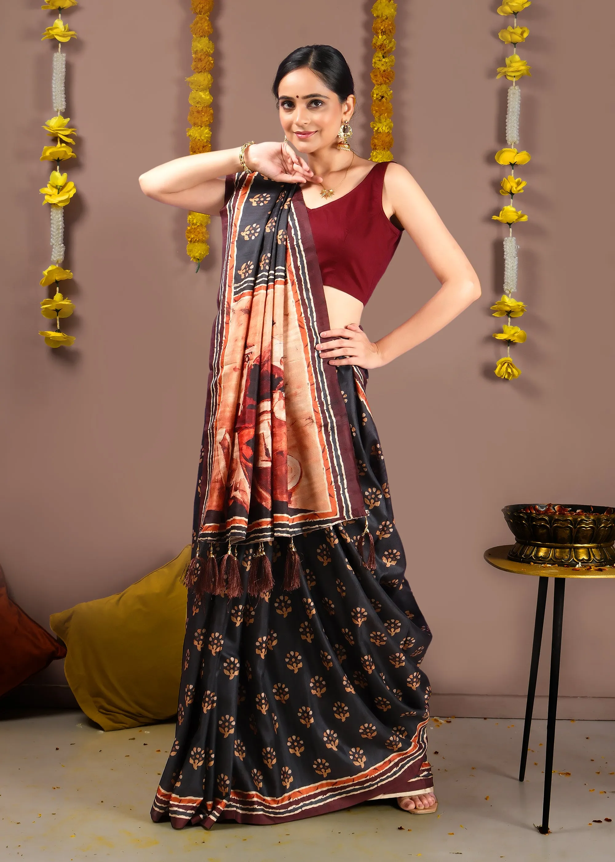 Handcrafted Black Saree with Traditional Motifs and Horse Printed Pallu