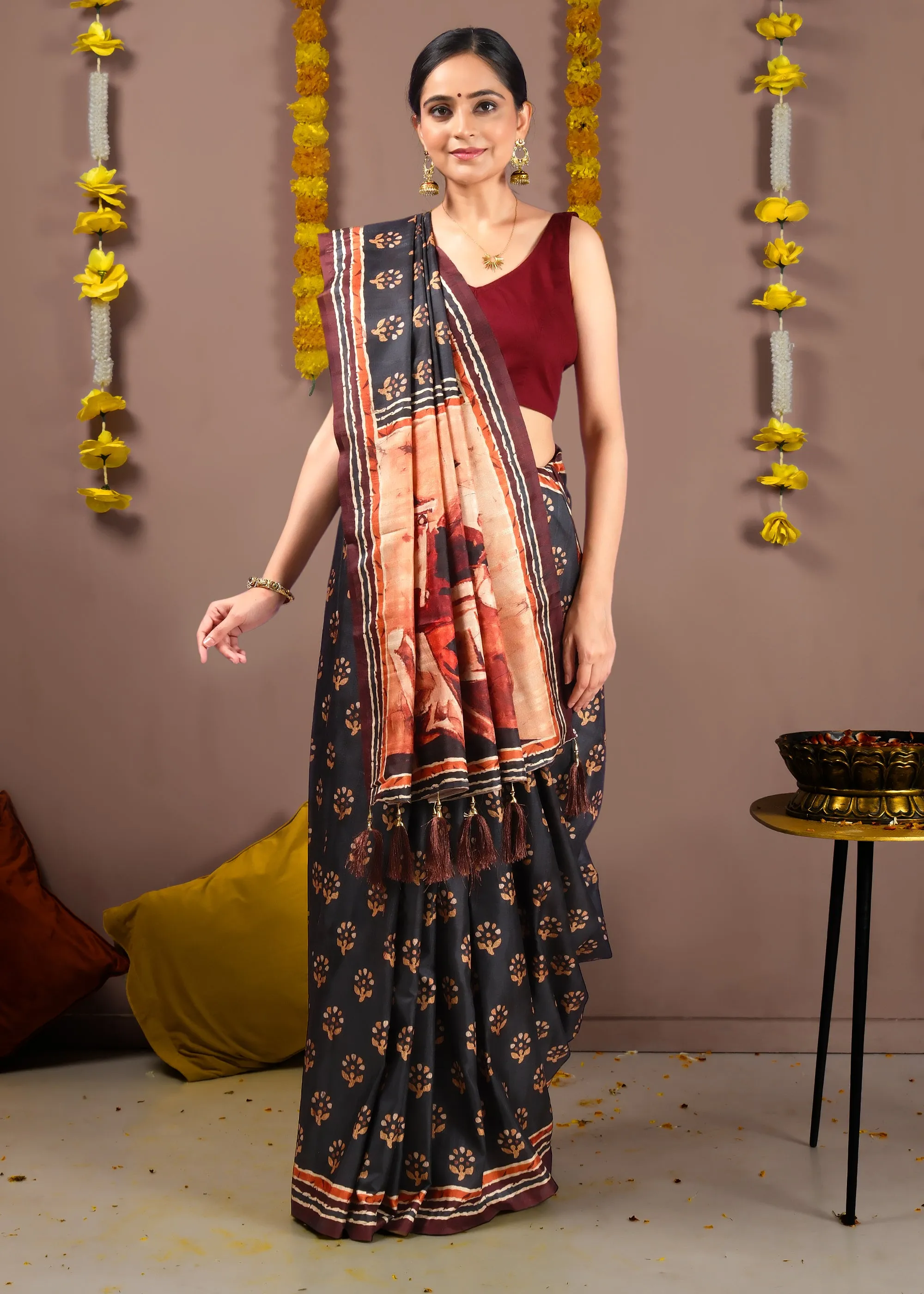 Handcrafted Black Saree with Traditional Motifs and Horse Printed Pallu