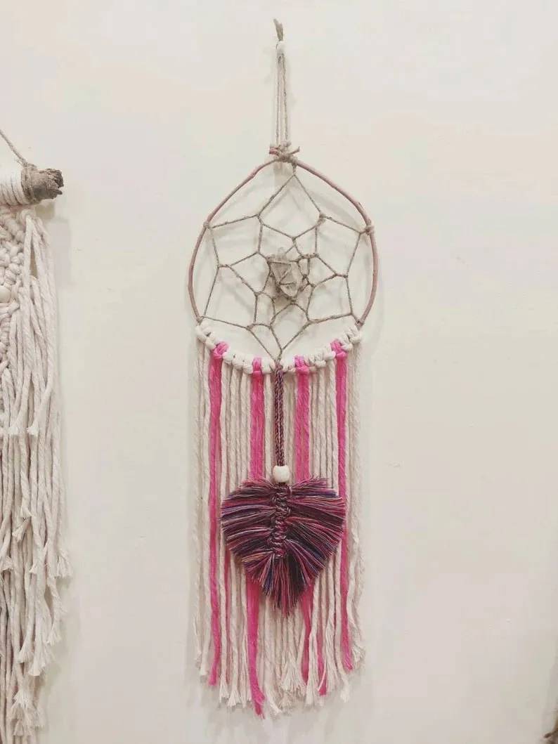 Handmade Natural Bohemian Pink & Rainbow Macrame Dreamcatcher with Raw Clear Quartz Crystal