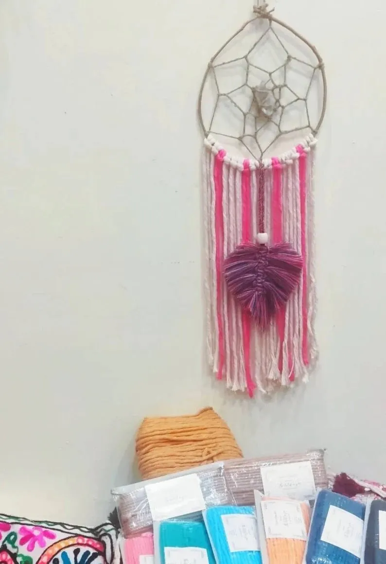 Handmade Natural Bohemian Pink & Rainbow Macrame Dreamcatcher with Raw Clear Quartz Crystal