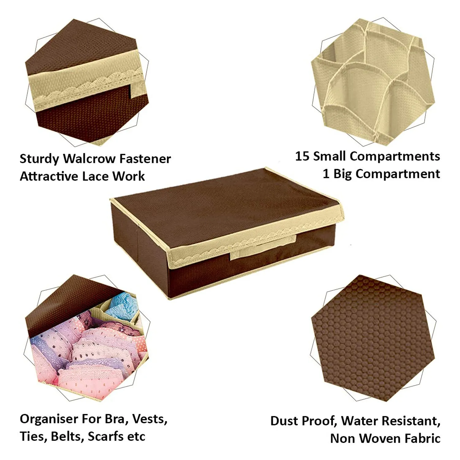 Kuber Industries 15 1 Compartment Rectangular Non Woven Foldable Storage Box for Closet, Socks, Bra, Panty, Tie, Scarf (Brown)