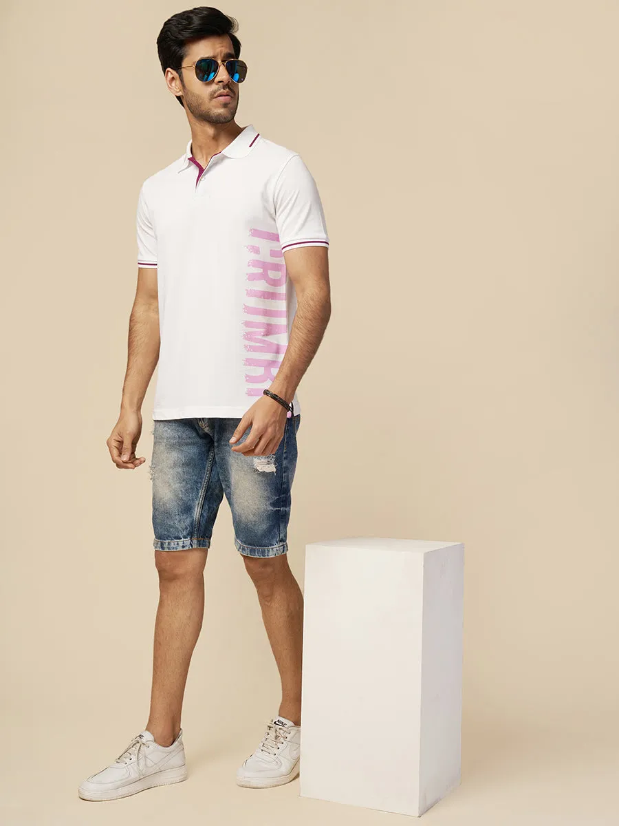 Mens Graphic Print Polo Neck White T-Shirt