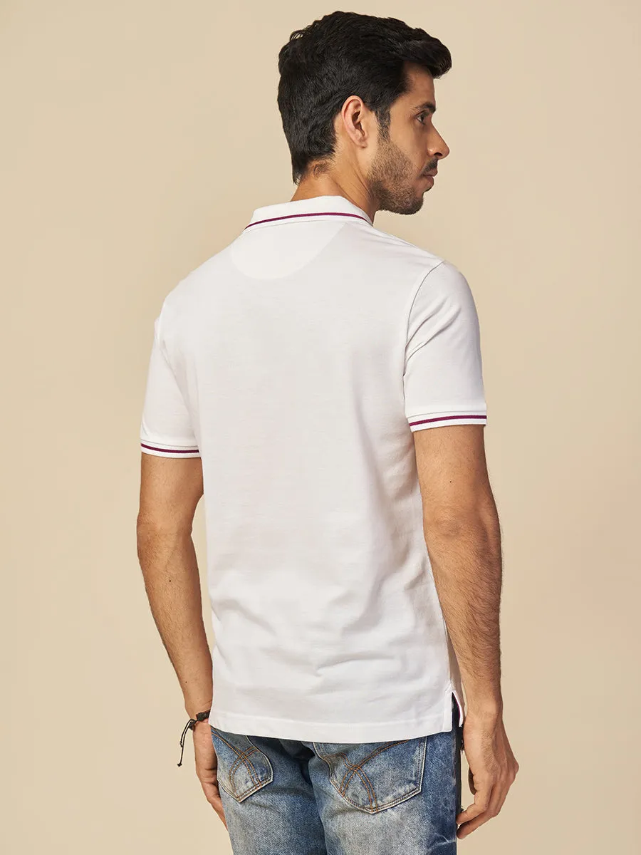 Mens Graphic Print Polo Neck White T-Shirt