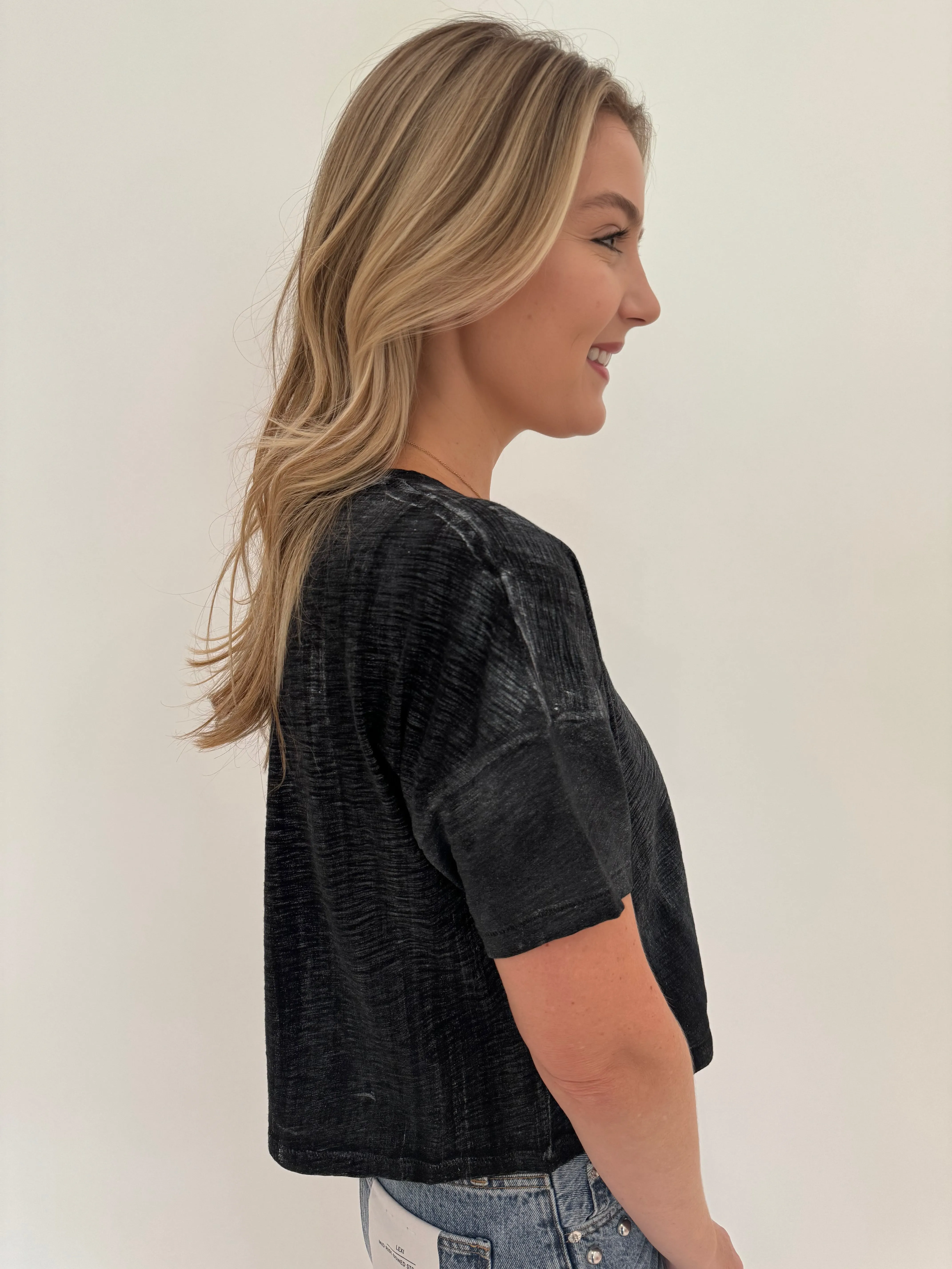 Metallic Sparkle Crop Tee - Black/Silver