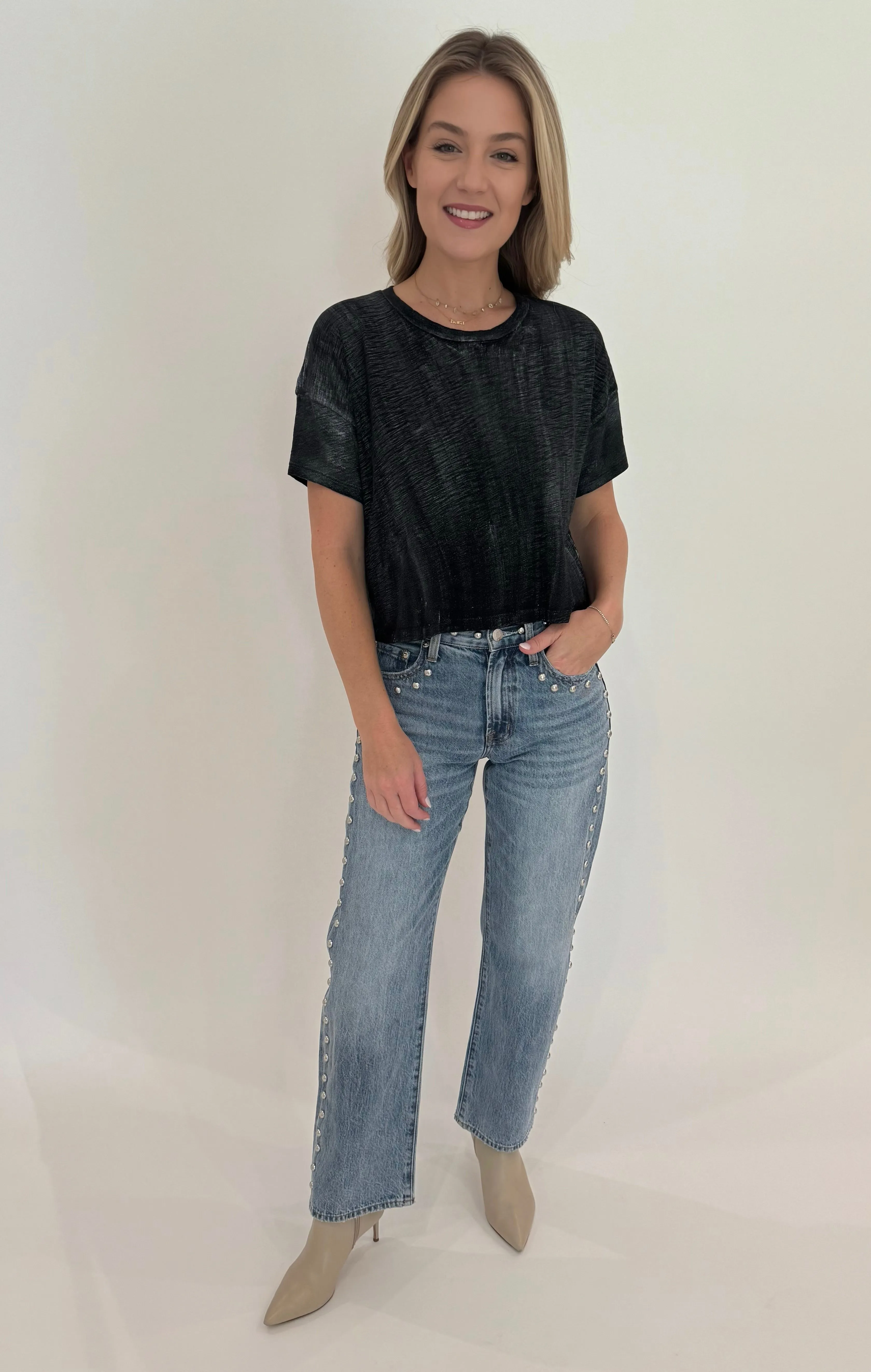 Metallic Sparkle Crop Tee - Black/Silver