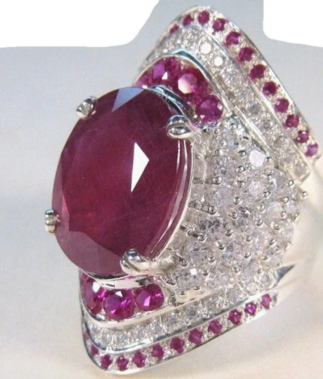 Oval Ruby Rhinestones Silver Ring